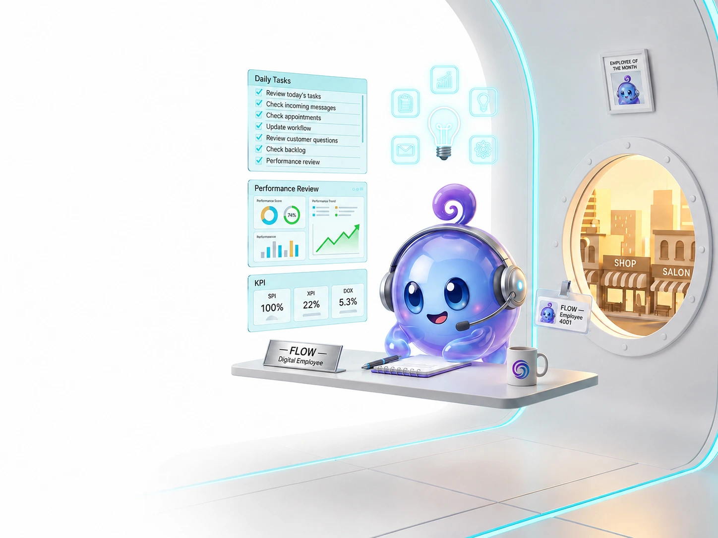 Flowtify AI system managing tasks, performance and business workflows.