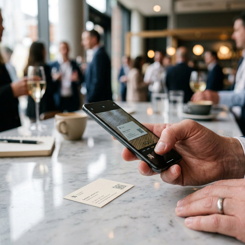 A card being photographed with a phone at an event
